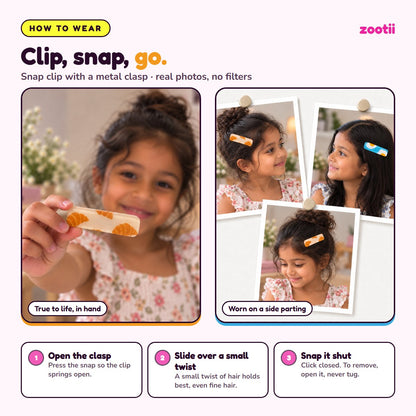 How to wear Breakfast snap hair clips: open the clasp, slide over a small twist of hair, snap shut