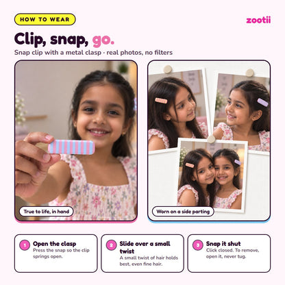 How to wear Bubble Mint snap hair clips: open the clasp, slide over a small twist of hair, snap shut