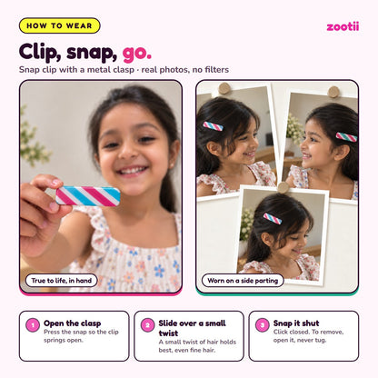 How to wear Candy Slant snap hair clips: open the clasp, slide over a small twist of hair, snap shut