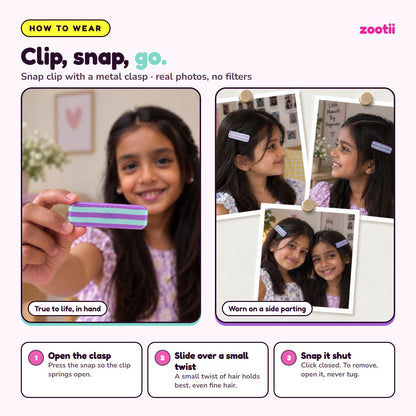 How to wear Candy Stripe snap hair clips: open the clasp, slide over a small twist of hair, snap shut