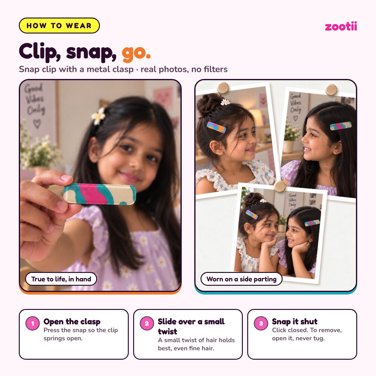 How to wear Candy Swirl snap hair clips: open the clasp, slide over a small twist of hair, snap shut