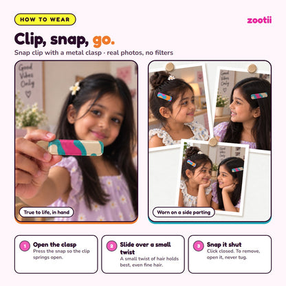 How to wear Candy Swirl snap hair clips: open the clasp, slide over a small twist of hair, snap shut