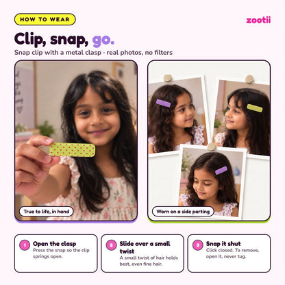 How to wear Polka Green Purple snap hair clips: open the clasp, slide over a small twist of hair, snap shut