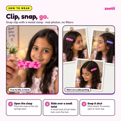 How to wear Poodle snap hair clips: open the clasp, slide over a small twist of hair, snap shut