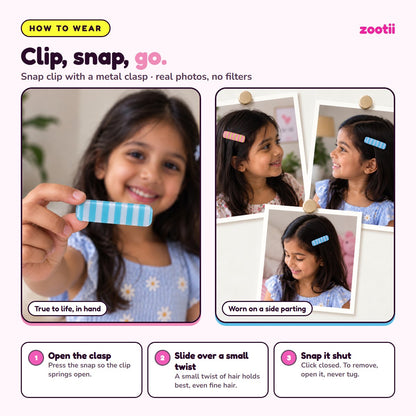 How to wear Stripes Blue Pink snap hair clips: open the clasp, slide over a small twist of hair, snap shut