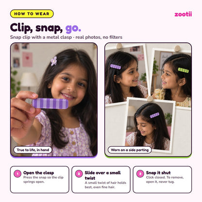How to wear Stripes Purple Green snap hair clips: open the clasp, slide over a small twist of hair, snap shut