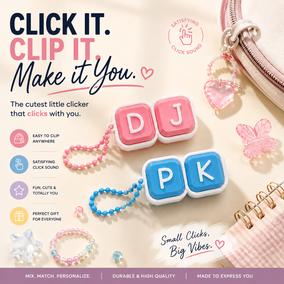 Personalised clicker bag charm detail and clickable design