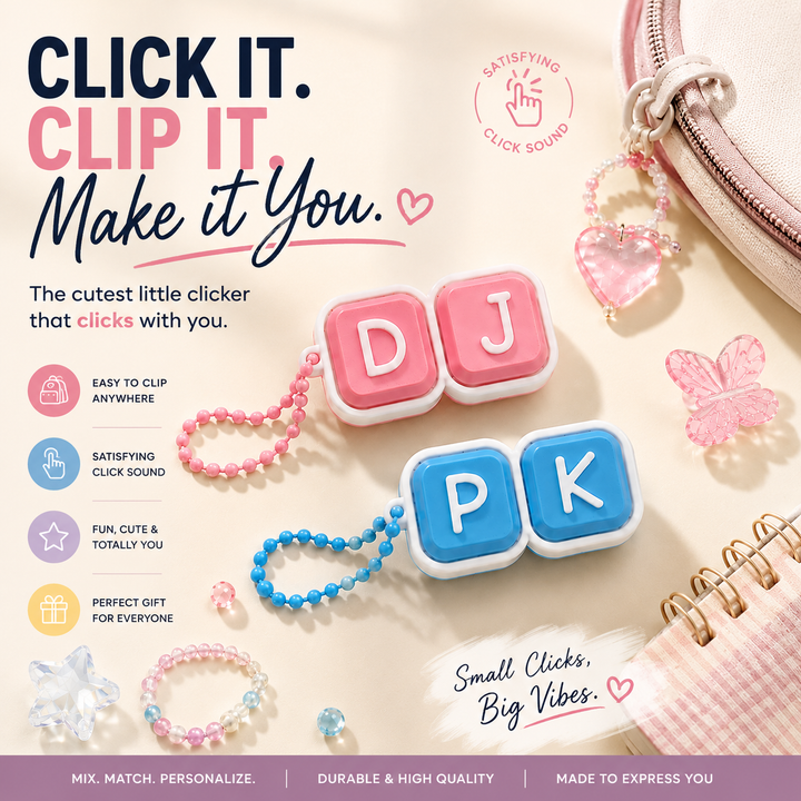 Personalised clicker bag charm detail and clickable design