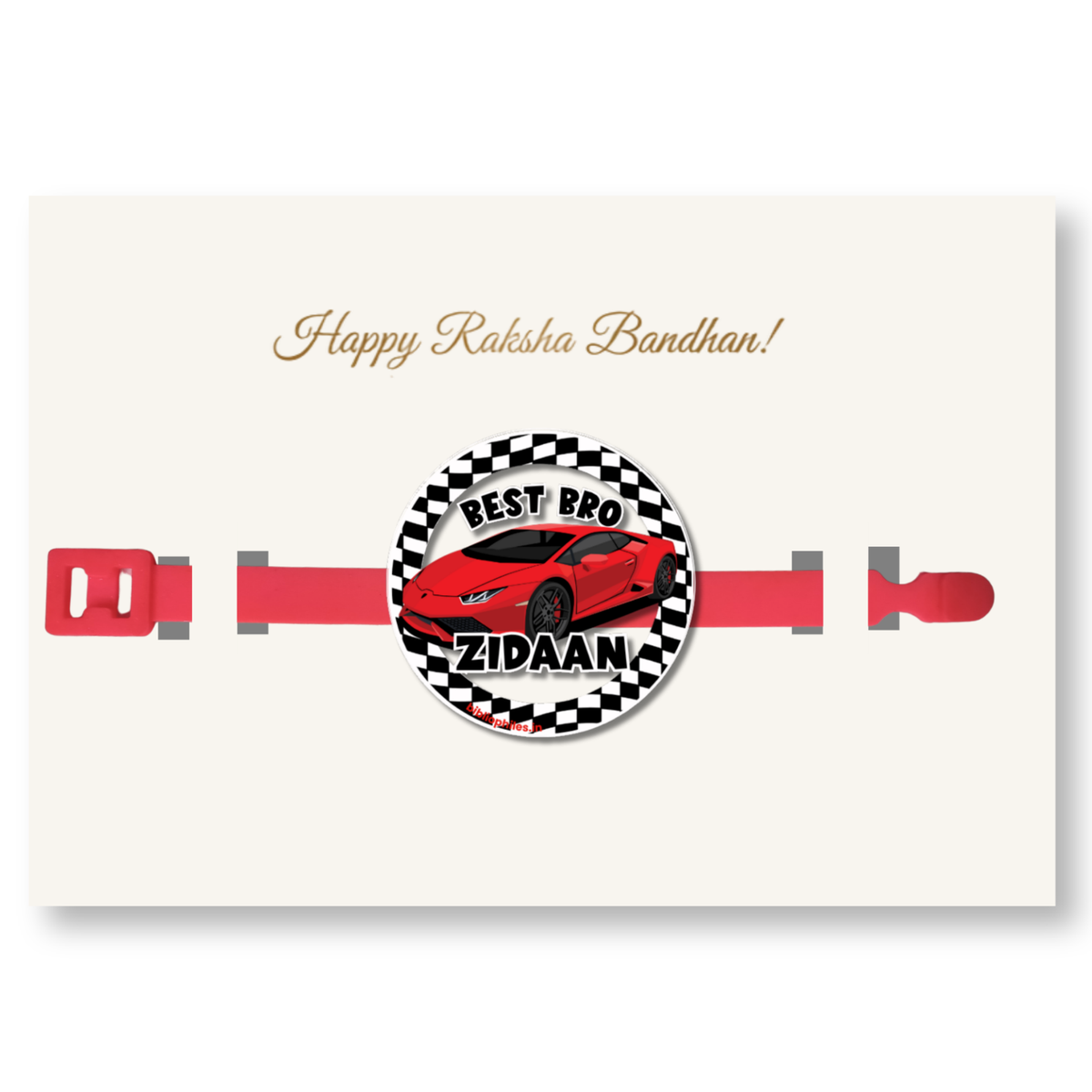 Transparent Race Car Rakhi for kids featuring a custom name, perfect personalized Rakhi for Raksha Bandhan