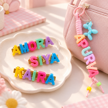 Personalised alphabet bag charm and hair clips combo