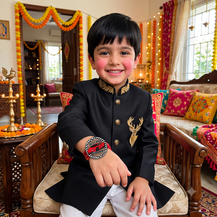 Personalized Race Car Rakhi for kids with custom name, transparent Rakhi and unique Raksha Bandhan gift for young car enthusiasts