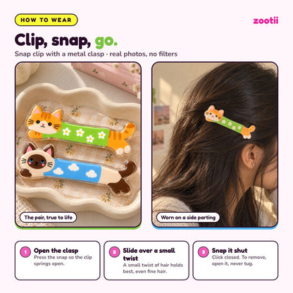 How to wear Kittens Day snap hair clips: open the clasp, slide over a small twist of hair, snap shut