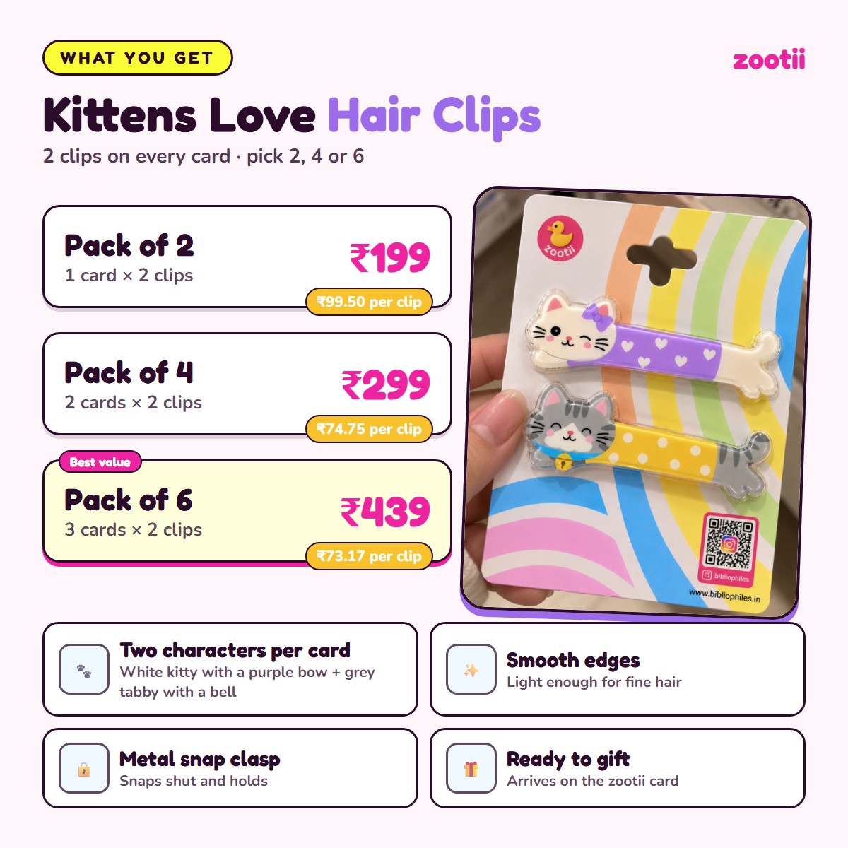 Kittens Love hair clips infographic: Pack of 2 Rs 199, Pack of 4 Rs 299, Pack of 6 Rs 439, 2 clips per card