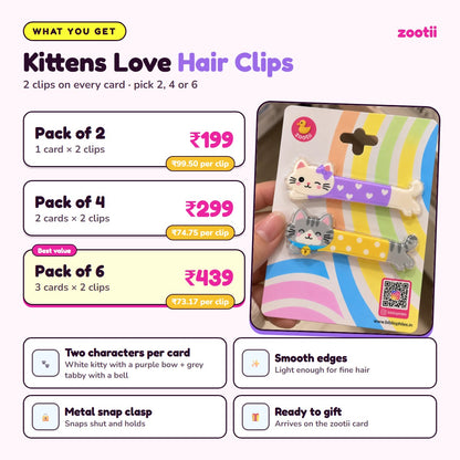 Kittens Love hair clips infographic: Pack of 2 Rs 199, Pack of 4 Rs 299, Pack of 6 Rs 439, 2 clips per card