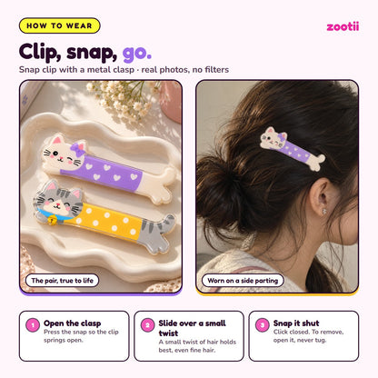 How to wear Kittens Love snap hair clips: open the clasp, slide over a small twist of hair, snap shut