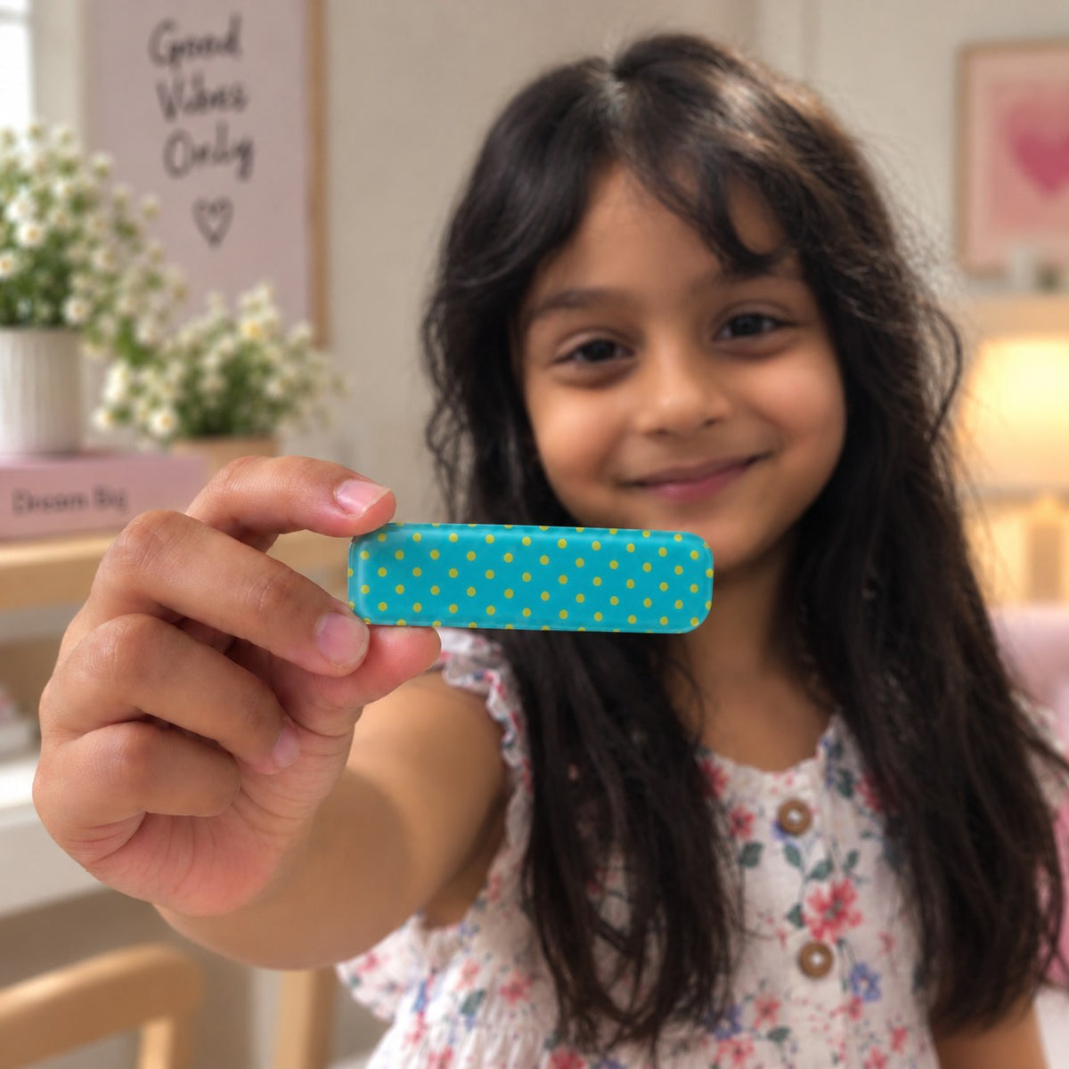 Polka Dots Blue Red hair clip by Zootii held in hand: teal clip with tiny yellow polka dots