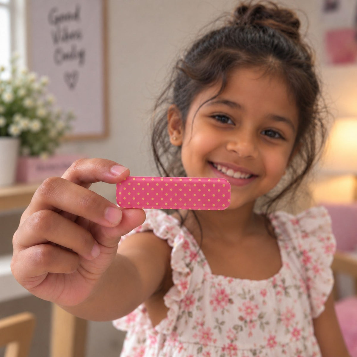 Polka Dots Blue Red hair clip by Zootii held in hand: pink clip with tiny yellow polka dots
