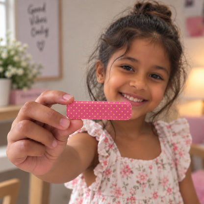 Polka Dots Blue Red hair clip by Zootii held in hand: pink clip with tiny yellow polka dots