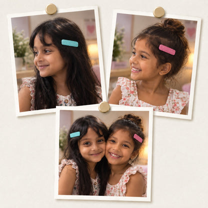 Polka Dots Blue Red hair clips worn by two girls, photo collage with the teal and the pink yellow-dot clips