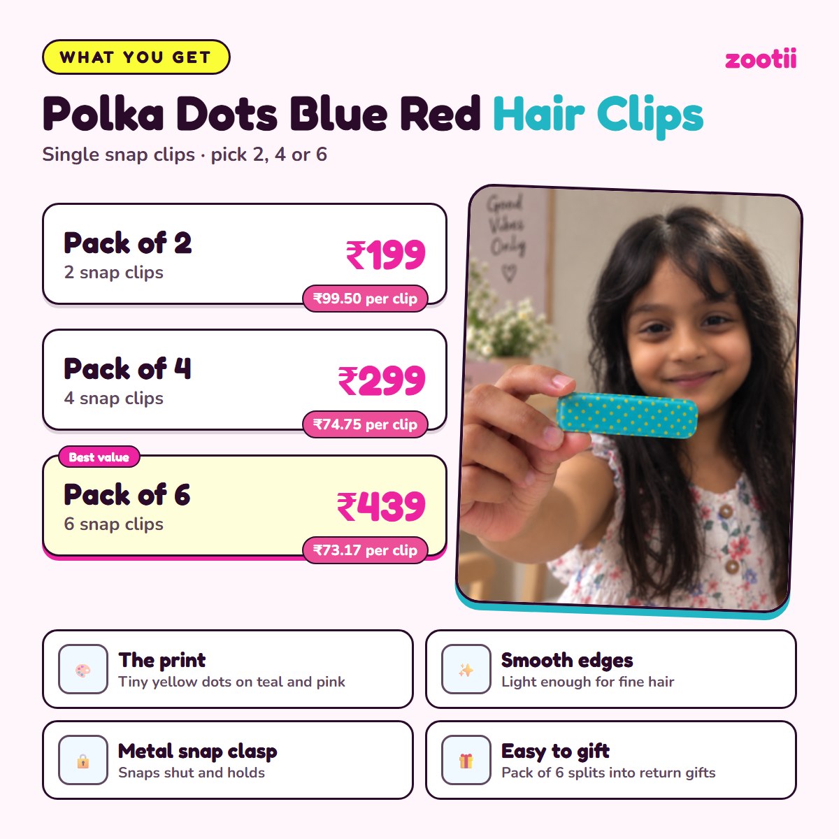 Polka Dots Blue Red hair clips infographic: Pack of 2 Rs 199 (Rs 99.50 per clip), Pack of 4 Rs 299 (Rs 74.75 per clip), Pack of 6 Rs 439 (Rs 73.17 per clip), metal snap clasp, smooth edges