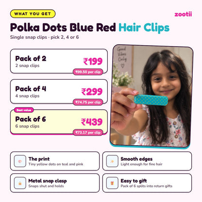 Polka Dots Blue Red hair clips infographic: Pack of 2 Rs 199 (Rs 99.50 per clip), Pack of 4 Rs 299 (Rs 74.75 per clip), Pack of 6 Rs 439 (Rs 73.17 per clip), metal snap clasp, smooth edges