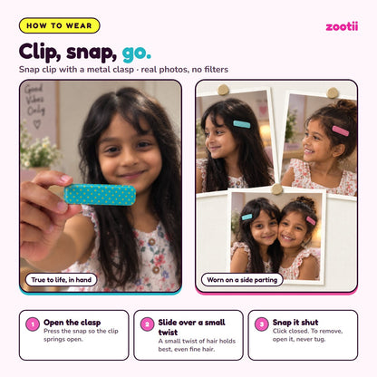 How to wear Polka Dots Blue Red snap hair clips: open the clasp, slide over a small twist of hair, snap shut