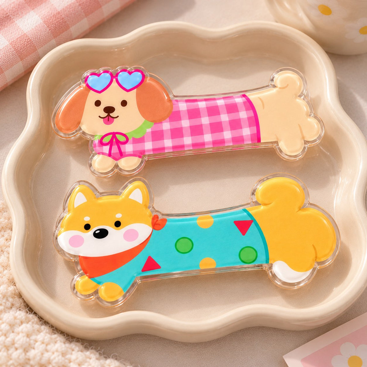 Puppies Day hair clips flat lay: Shiba dog in a teal jumper and puppy in heart sunglasses and a pink gingham jumper
