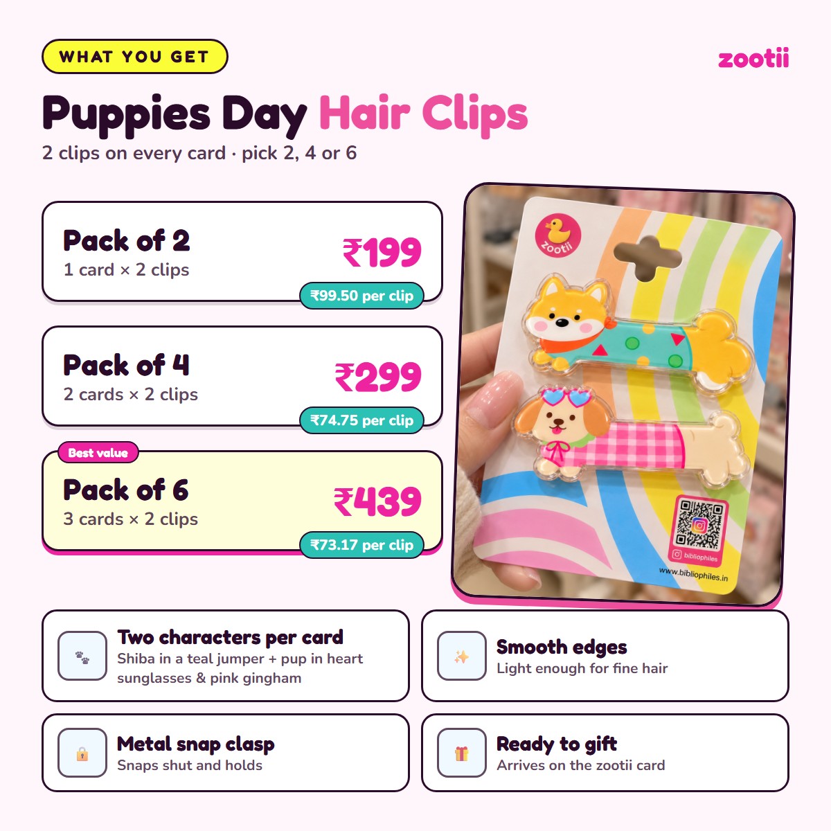 Puppies Day hair clips infographic: Pack of 2 Rs 199, Pack of 4 Rs 299, Pack of 6 Rs 439, 2 clips per card